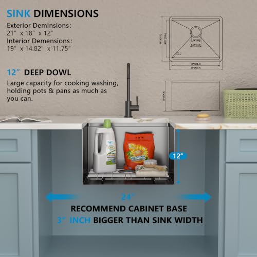 Image of 21 inchx18 inch Undermount Black Laundry Utility Sink Workstation | Gunmetal Black NANO-PVD 16 Gauge T304 Stainless Steel 12 Inch Deep Single Bowl Sink Basin for Laundry Room RV Utility Use