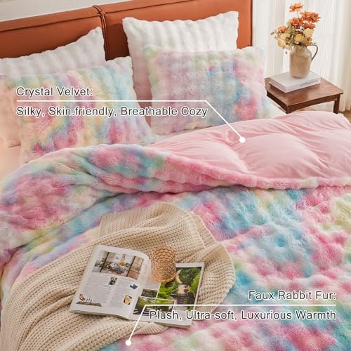 Image of EMME Faux Fur Duvet Cover Queen Size, 3 Pieces Ultra Soft Fluffy Comforter Cover, Cozy Warm for Winter, Luxury Elegant Shaggy Bubble Design Bedding, 1 Duvet Cover & 2 Pillow Shams (Queen, Rainbow)