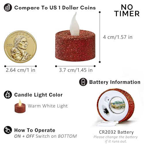 Image of FURORA LIGHTING Red Glitter Flameless Tealights - 1.45 inch W x 1.57 inch H, 12-Pack, Batteries Included
