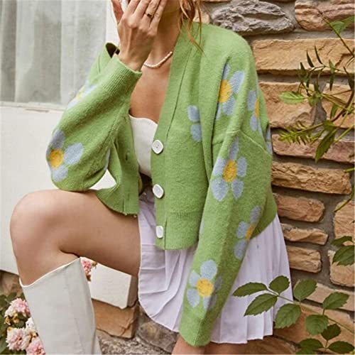 Vlojelry Women's Flower Long Sleeve Open Front Short Cardigan Casual Loose V Neck Button Down Knit Cropped Cardigan Sweaters Coat Green #TOP1