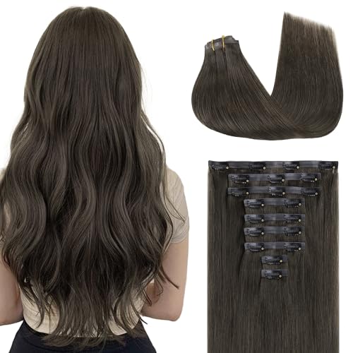 Image of GOO GOO Clip in Hair Extensions Real Human Hair, Remy Human Hair Extensions Clip ins for Women, Natural Human Hair, 14inch 130g 9Pcs, 1C Mocha Brown