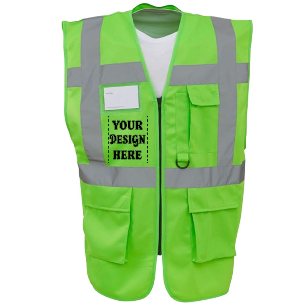 D&T Personalised Hi-Vis Reflective Vest with Zipper and Pockets – High Visibility Safety Waistcoat – Unisex Polyester Workwear (UK, Alpha, XL, Regular, Regular, Lime)