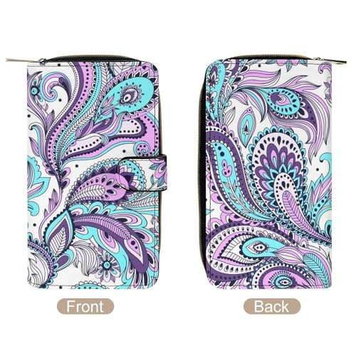 Blue Teal Purple Paisley Large Capacity Portable Leather Multifunctional Wallet3