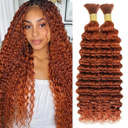 100% Unprocessed Human Hair for Braiding #350 Ginger Copper Pre-Separated Curly Bulk Hair 12A Grade Deep Boho Braiding Hair Extensions Real Human Hair for Protective Styles 18 Inch 100g 2 Bundles