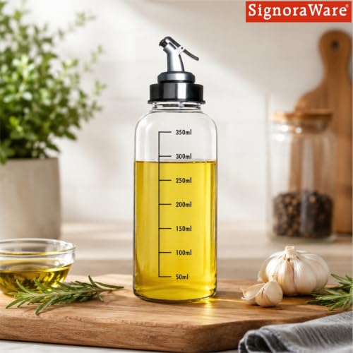 Image of Signoraware Eze flow Borosilicate Glass Oil Dispenser,(350ml, Clear), Measurement Marking, Wide Bottleneck for Easy Reffiling, Lock Nozzle Lid, Grilling, Essential oils, Home & Restaurant use