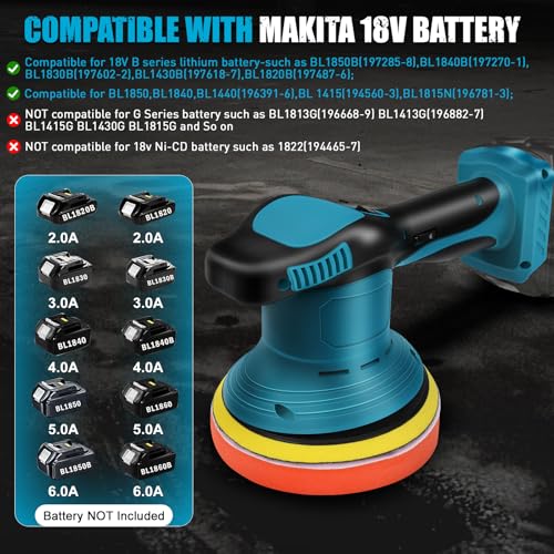 WingFly Polijstmachine voor Makita 18V accu, 6 inch auto polijstmachineset, 6 variabele snelheden, voor het verwijderen van verf en mortel, auto polijsten, slijpen (zonder accu) - Afbeelding 3