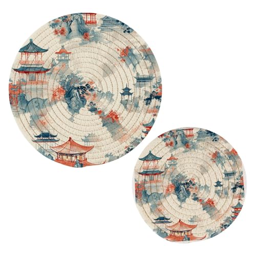 Chinese Ink Painting Pavilion 2 PC Round Potholder Trivets Heat Insulated Cotton Pot Trivets Sets for Hot Pots Dishes