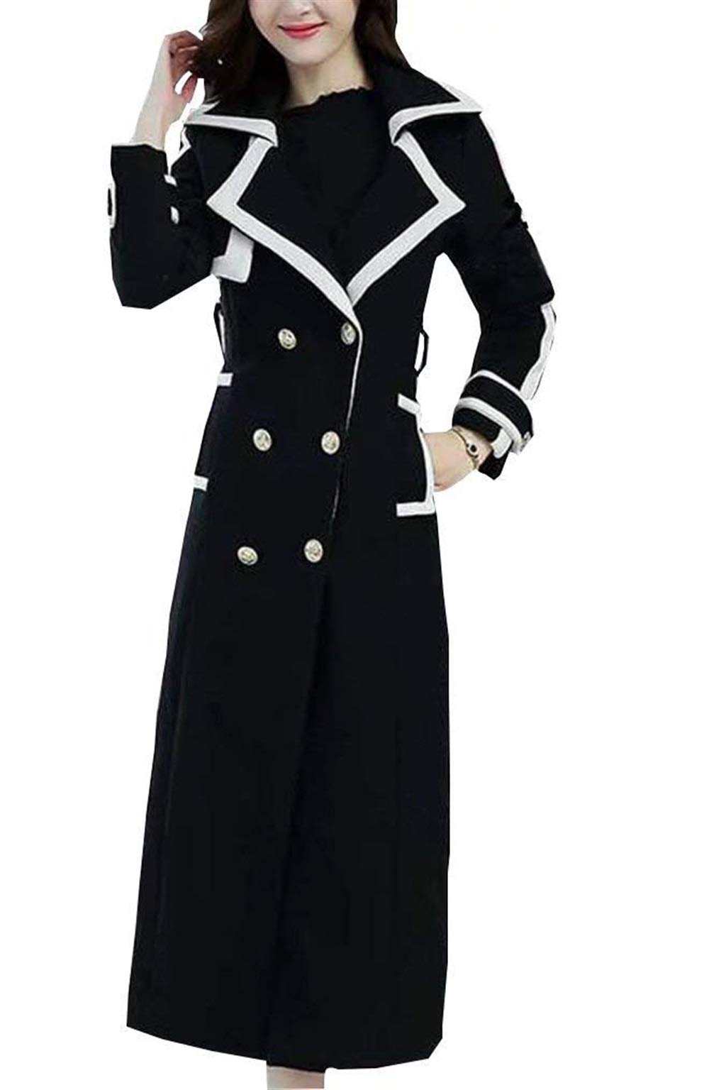Huixin Płaszcz damski długi jesień zima elegancki mieszane kolory klapa długi rękaw retro trencz płaszcz slim fit modny nowoczesny styl damski klasyczny płaszcz płaszcz odzież wierzchnia, Czarny, M