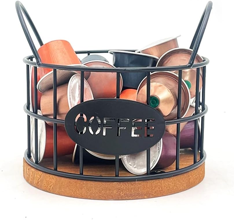Round Large Capacity Black Coffee Pod Basket Iron Wire Design Sturdy Wooden Base Coffee Capsule Storage Container Holder For Home Office