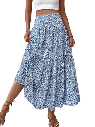 Women's Boho Floral Maxi Skirts 2025 Casual Flowy Swing Pleated A Line Weekend Beach Long Skirt
