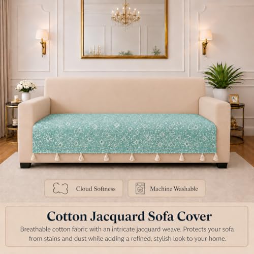 Image of STITCHNEST 'Verdant Phool Stories' 1 Seater Sofa Cover| Elegant Jacquard Fabric, Decorative Tassels, Washable & Durable for Modern Living