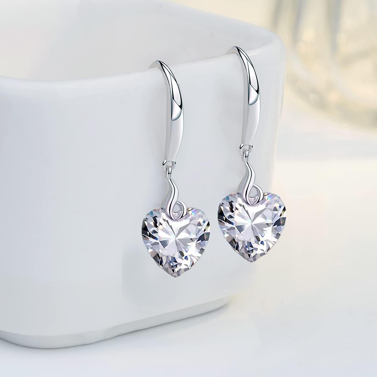 Heart Dangle Earring 925 Sterling Silver 5A Heart Cubic Zirconia Drop Earring for Women Silver Jewelry Gift for Wife