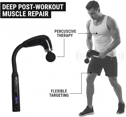 Miniatura 6 de Pistola de masaje de tejido profundo con mango extendido, percusión de 0.472 in, velocidad ajustable y 4 cabezales intercambiables para cuello,