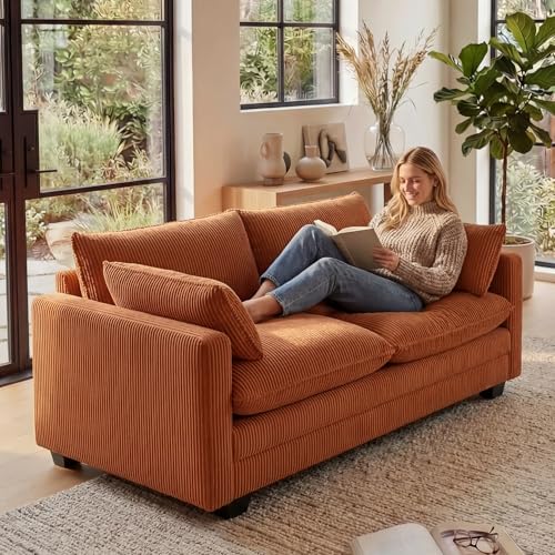Image of Gizoon 75 inch Small Cloud Loveseat Couches for Living Room, 2 Seater Love Seat Sofa with Comfy Deep Seat, Small Washable Couches with Removable Corduroy Cover for Apartment, Orange