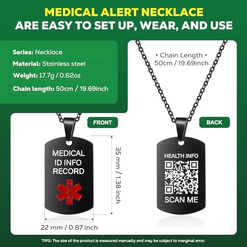 Medical Alert Necklace for Men Women - Stainless Steel ID Necklace With Engraved QR Code - Custom Online Emergency Info With More Space3