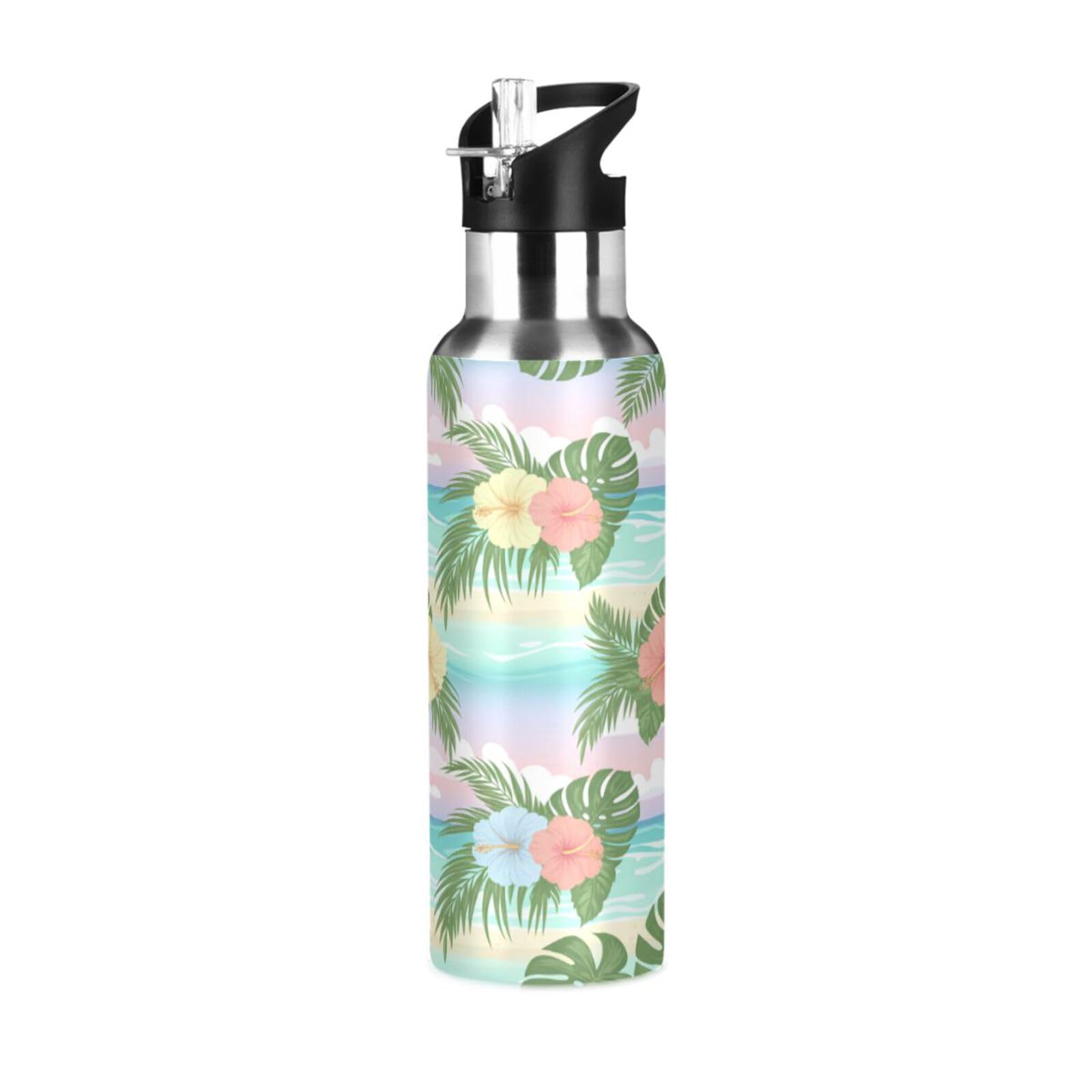 BOESI Beach Hibiscus Pattern Insulated Water Bottle 600ml, Stainless Steel Vacuum Sports Bottle with Straw, Leak Proof Thermal Bottle for Gym Travel Outdoor