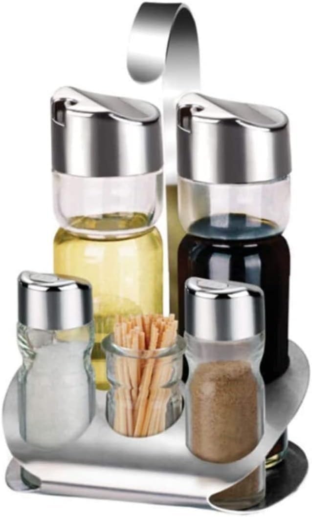 Edelstahl-Küchengewürzflasche mit Halterung, Edelstahl-Set, Salz- und Pfefferstreuer, Öl und Essig