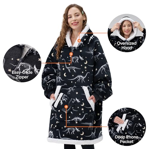 Image of Giggling Getup Wearable Blanket Hoodie for Adults Gifts for Teen Girls Sister Women Sherpa Fleece Printed Hooded Blanket Sweatshirt Warm Cozy with Pocket & Sleeves Black Glowing Dinosaur