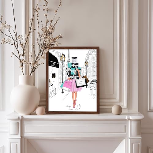 Image of Poster Master Fashion Poster - Lady with Shopping Bags Print - Trendy Art - Modern Art - Gift for Her & Fashionista - Luxury Haute Couture Decor for Bedroom or Girl's Room, 11x14 Brown Framed