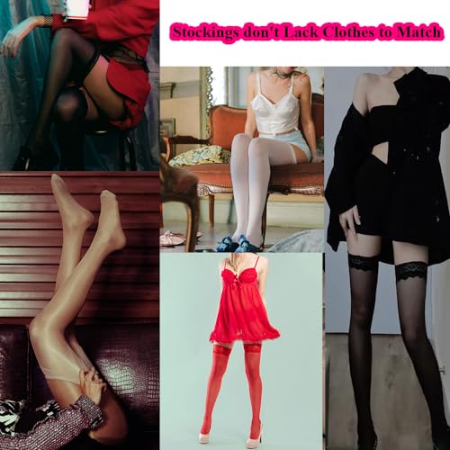 Image of Thigh High Stockings Lace Top, Women's Semi Sheer Sexy Stay Up Halloween Lingerie Thigh High Stockings