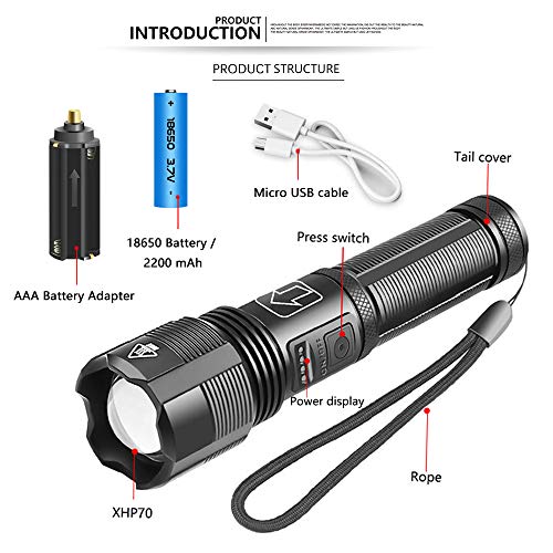 XHP70 LED Rechargeable Flashlight,Tactical Flashlight with USB,Super Bright 10000 Lumen,IPX4 Water Resistant,5 Lighting Modes Zoomable Torch Light for Camping Hiking Cycling,Included 18650 Battery