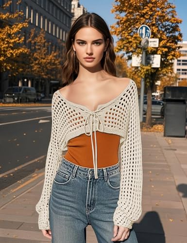 Womens Long Sleeve Crochet Shrug Tie Front Cropped Cardigan Sweaters Knit Bolero Outwear Tops2