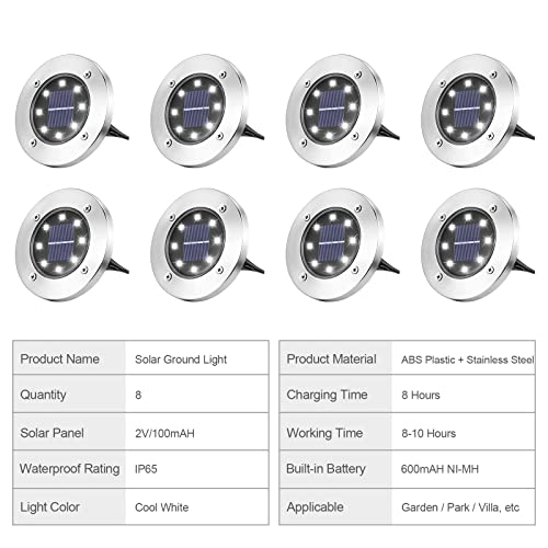 image for ADVWIN 8 Pack Solar Garden Light, Waterproof Solar Ground Disk Light, 