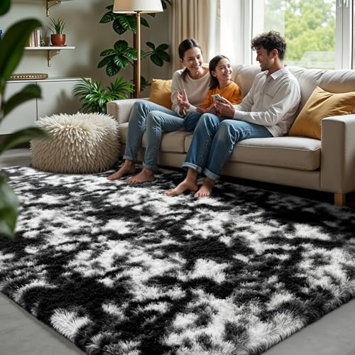 Zentavio Black and White Area Rugs for Living Room Large Rugs for Bedroom 5x8 Soft Carpet Fluffy Furry Shag Aesthetic Plush High Pile Gray Throw Rug for Nursery Kids Room Dorm Tie-Dyed