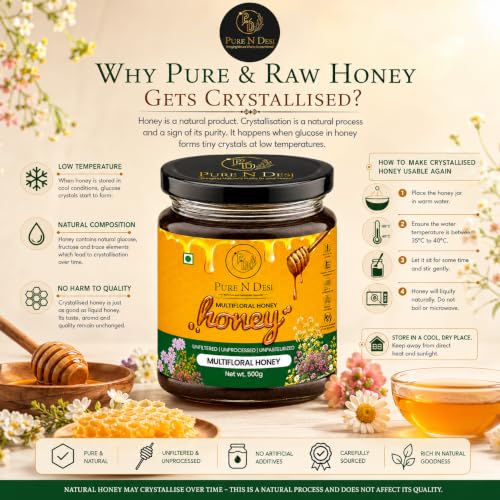 Image of PURE N DESI 100% Pure Organic Honey - 250g | Row Honey for Fitness & Health | Natural Immunity Booster | 100% Indigenous | Rich in Antioxidants & Minerals | Raw & unfiltered Ajwain honey in a premium glass jar with rich aroma and naturally sweet taste for everyday use.