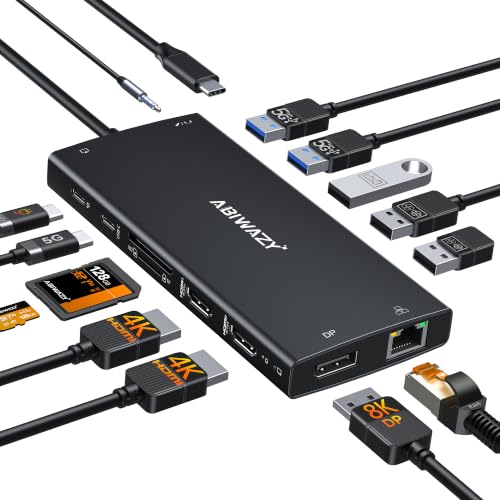 Image of Docking Station Dual Monitor, 15 in 1 USB C Docking Station 3 Monitors | ABIWAZY USB C Hub to Dual 4K@60Hz HDMI, DP 8K, 100W PD, USB-C to Ethernet and SD /Micro SD, 6 USB A /C Ports, Screen Button