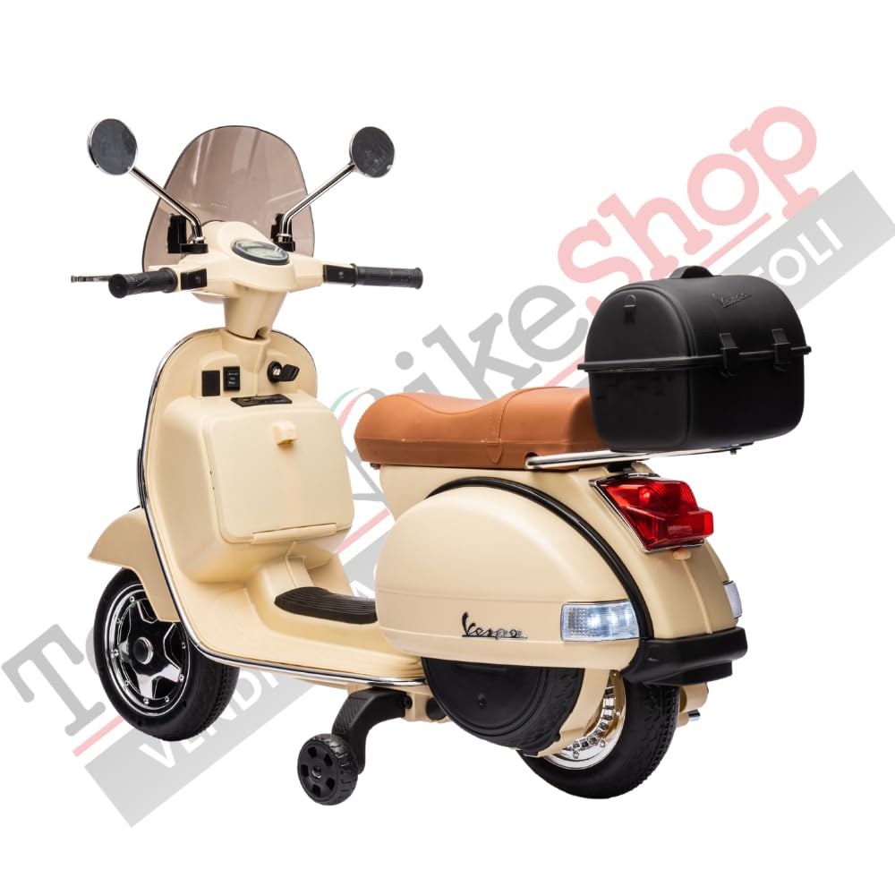 Tecnobike Shop Moto Elettrica per Bambini Piaggio Vespa PX 150 12v Full Parabrezza e Bauletto Luci Suoni LED Mp3 (Crema)