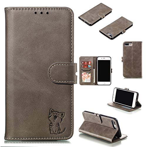 Robinsoni Case Compatible with iPhone 8 Plus Retro Leather Wallet Cover with Card Holder Slots Cat Printed Folio Flip Book Cover Case TPU Silicone Inner Case Kickstand Magnetic Closure Case, Gray
