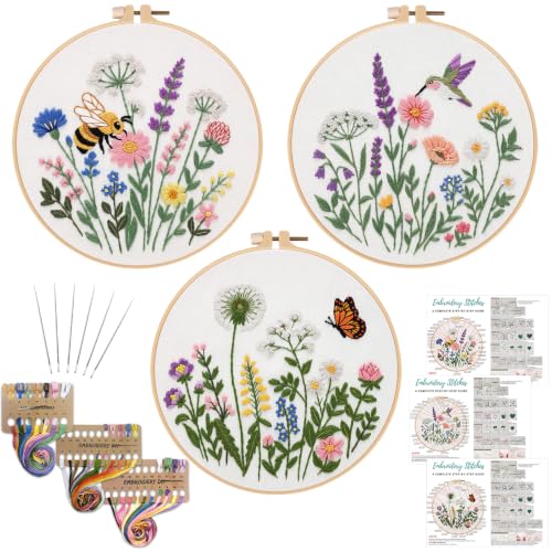 Image of Nuberlic Embroidery Kit for Beginners, 3 Pack Floral Stamped Embroidery Starter Kit with Hoop, Pre Printed Flower Patterns, Threads, Needles and Step by Step Instructions, DIY Needlework Gift