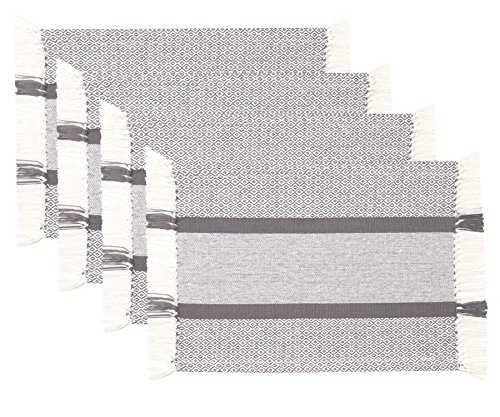 Sticky Toffee Cotton Woven Placemat Set with Fringe, Traditional Diamond, 4 Pack Placemats, Gray, 14 in x 19 in