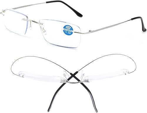 Gafas de lectura sin montura de titanio para hombres y mujeres, súper luz azul claro, bloqueo de luz, lectores de computadora con lente rectangular