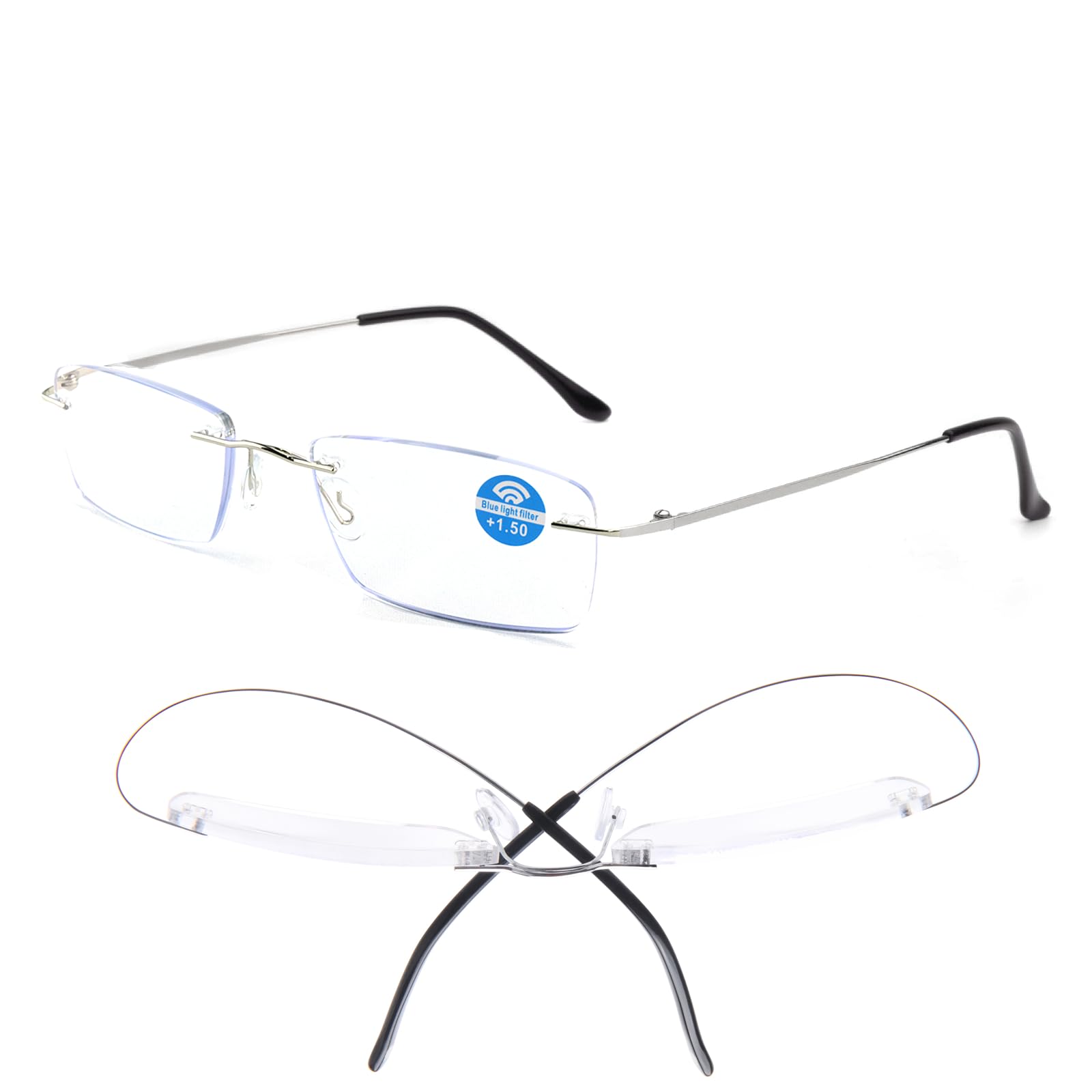 ESAVIA Titanium Rimless Reading Glasses 2.50 for Men Women Super Light Rectangular Silver Computer Readers - Blue Light Blocking