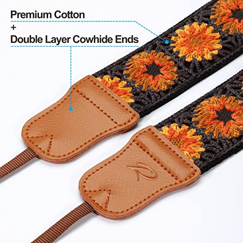 Padwa Lifestyle Hollow Crochet Orange Daisy Camera Strap, 2" Wide Cowhide Head - Image 2