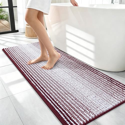 Image of OLANLY Bathroom Runner Rugs 47x17, Extra Soft Absorbent Chenille Striped Bath Rugs, Rubber Backing, Machine Wash Dry, Long Bath Mats for Bathroom, Tub, Shower, Home Decor Accessories, Burgundy