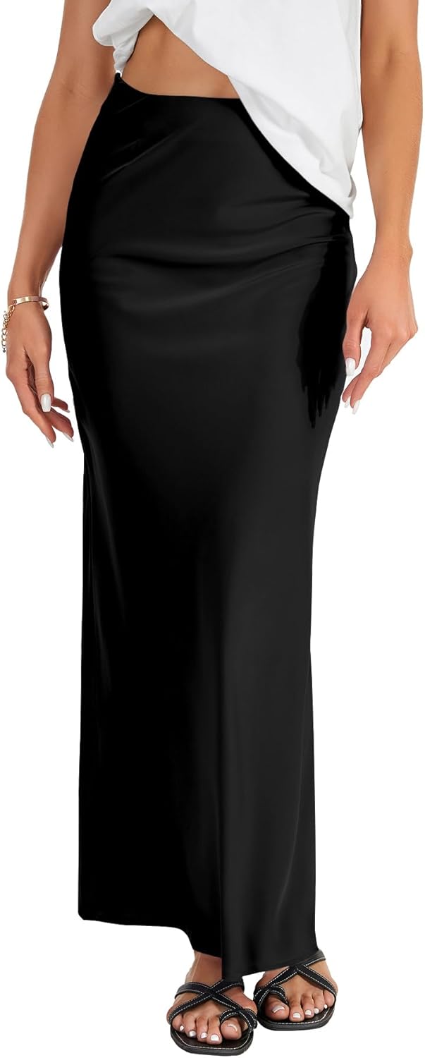 Vrtige Women's Elegant Silk Satin Elastic High Waist Zipper Flowy A Line Long Maxi Skirt Plain Black-1 Large - Image 4