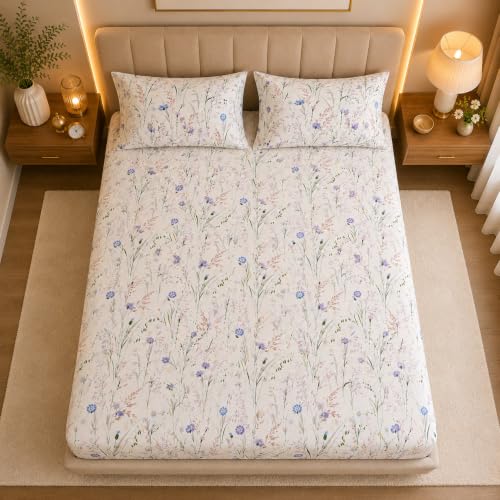 Image of THE HOME STYLE Super Soft Glace Cotton King Size Printed Pillow Covers ll Pillow Cases ll Set of 2 Piece- 18 inchx 28 inch Inches (Ivory Wildflower)