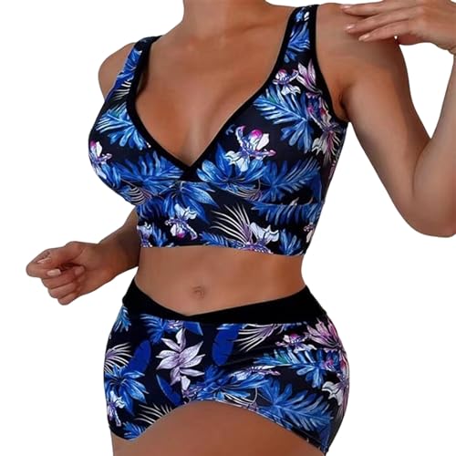 Generisch Bikini de cintura alta para mujer, traje de baño sexy de dos piezas, traje de baño de dos piezas con estampado de volantes y cintura alta, azul oscuro, M