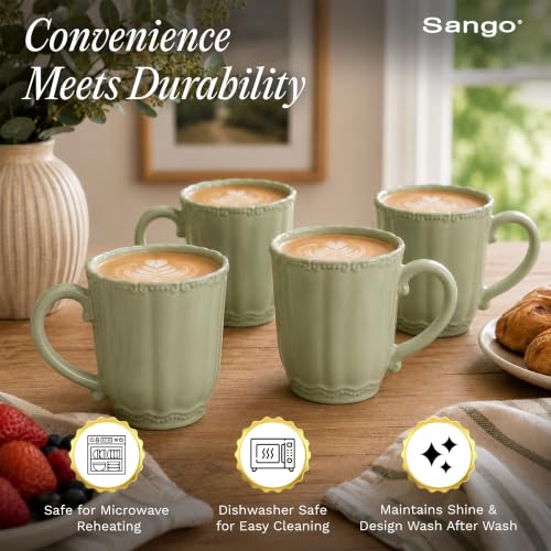 Image of SANGO Bethany Sage Mugs Set of 4, 15 oz Stoneware Green Coffee Mugs, Vibrant Ceramic Drinkware for Coffee, Tea or Cocoa, Durable Everyday Cups, Dishwasher & Microwave Safe, Kitchen Mug Set