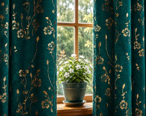 Image of Velvet Golden Foil Flower Pattern Curtains 5 Feet Long Pack of 1 pc, Turquoise