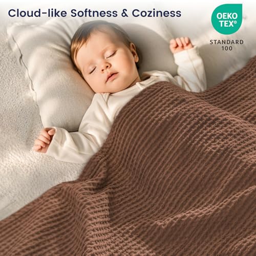 Image of PHF Pre-Washed Cotton Waffle Weave Blanket Throw Size for Couch Bed,Snag Proof Spring Summer Lightweight Breathable,Oeko-TEX Certified,Machine Washable, Home Decor Gift,Cappuccino | Pre-washed Soft Cozy Summer Throw for Hot Sleepers, Textured Decorative Layer for Bed Couch Sofa Guest Room, Giftable