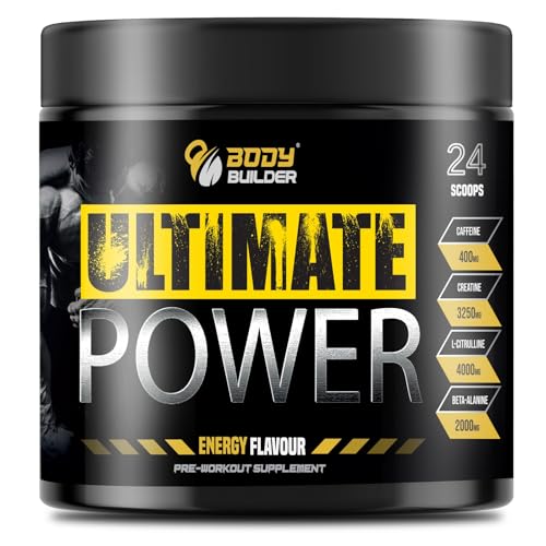 Body Builder Ultimate Power Pre-Workout | 4000mg L-Citrulline 3250mg Creatine 400mg Caffeine | Boosts Energy Focus Endurance & Muscle Pump | Vegan No Sugar (Energy Flavor 48 Servings- 390gm)