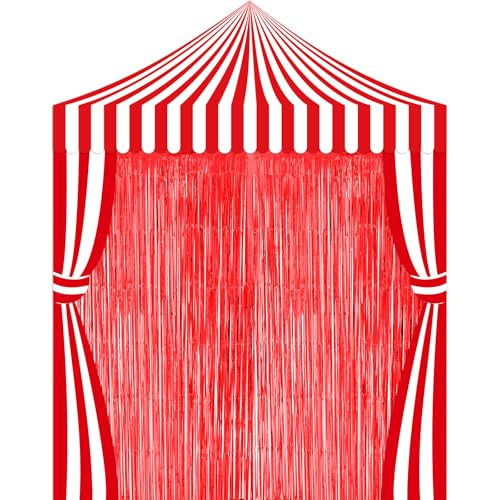 Ziliny 5 Pcs Carnival Circus Party Decorations Set Red White Circus Tent with Tinsel Fringe Curtain Backdrop Striped Clown Theme Birthday Carnival Party Supplies(Red)