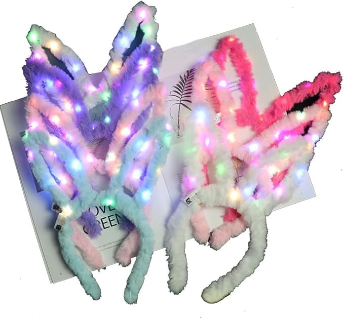 Diversa LED Rabbit Ears Headbands (Pack of 2) – Light Up Bunny Ears Hairbands for Kids & Adults | LED Flashing Lights | Party, Halloween, Christmas, Birthday Accessories