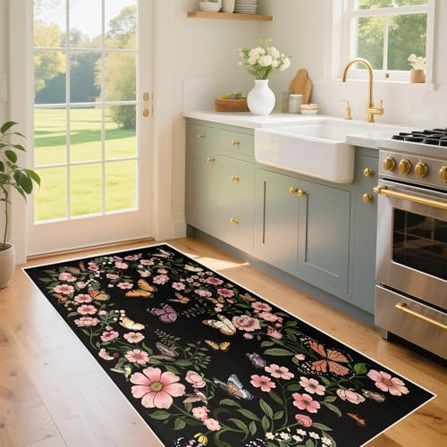 Washable Rug 2'×6' - Washable Runner Living Room Rug Boho Black Small Rugs for Entryway Kitchen Door Mat Indoor Entrance 2'×6' Rugs Butterfly Mats