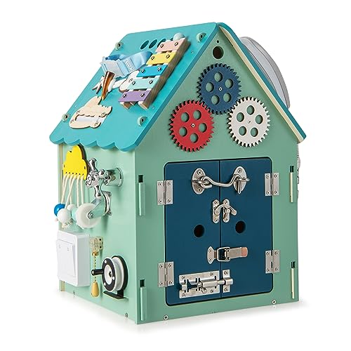 Image of Costzon Montessori Busy House Toy, Wooden Multi-Purpose Play House w/Interior Storage Space & Sensory Games for Fine Motor Skills, Educational Learning Toy for Boys & Girls Age 3 + (Blue)