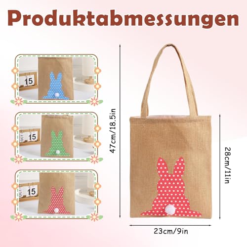 Scinzene 3 Stück Osterkörbchen für Kinder, Osternester zum Befüllen mit Plüschschwanz, Osterhasen Geschenktaschen Set aus Jute, Burlap Osterkorb für Eiersuche, Ostertüten zum Befüllen Groß